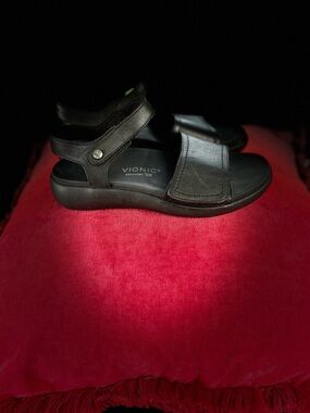 Vionic Black Leather Velcro Strap Sandals